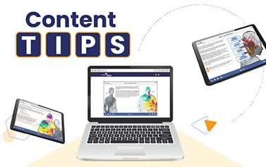 Laptop and two floating screens with images from content course