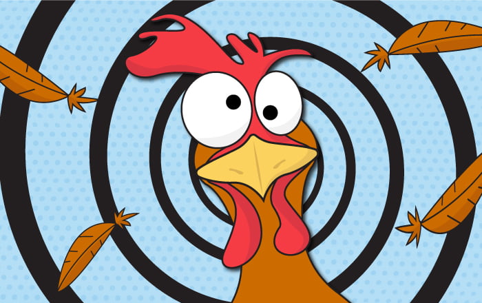 Hypnotized brown chicken with eyes looking in different directions and feathers flying around with spiral in the background