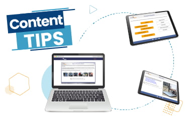 Laptop and two floating screens with images from content course