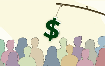 Dollar sign attached to stick as bait held over a crowd of people
