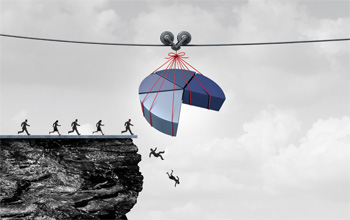 Line of figures falling off a cliff chasing a pie chart